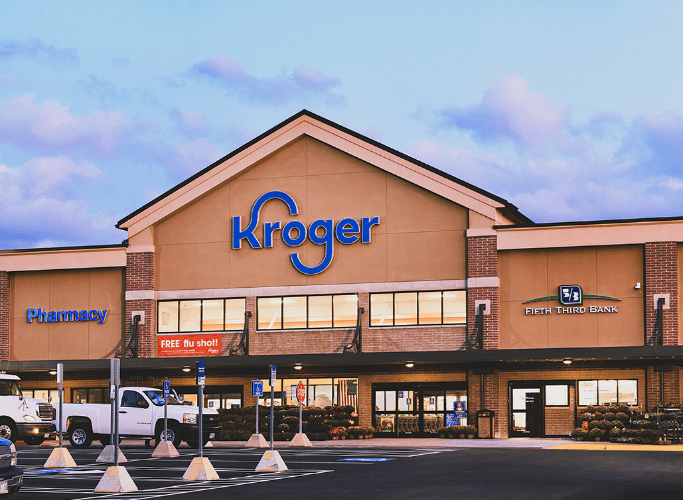 Kroger supermarket exterior at twilight